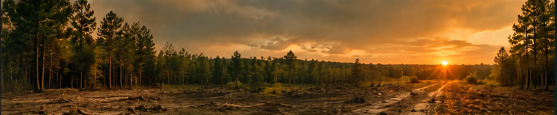A forest with trees and a sunset in the background.