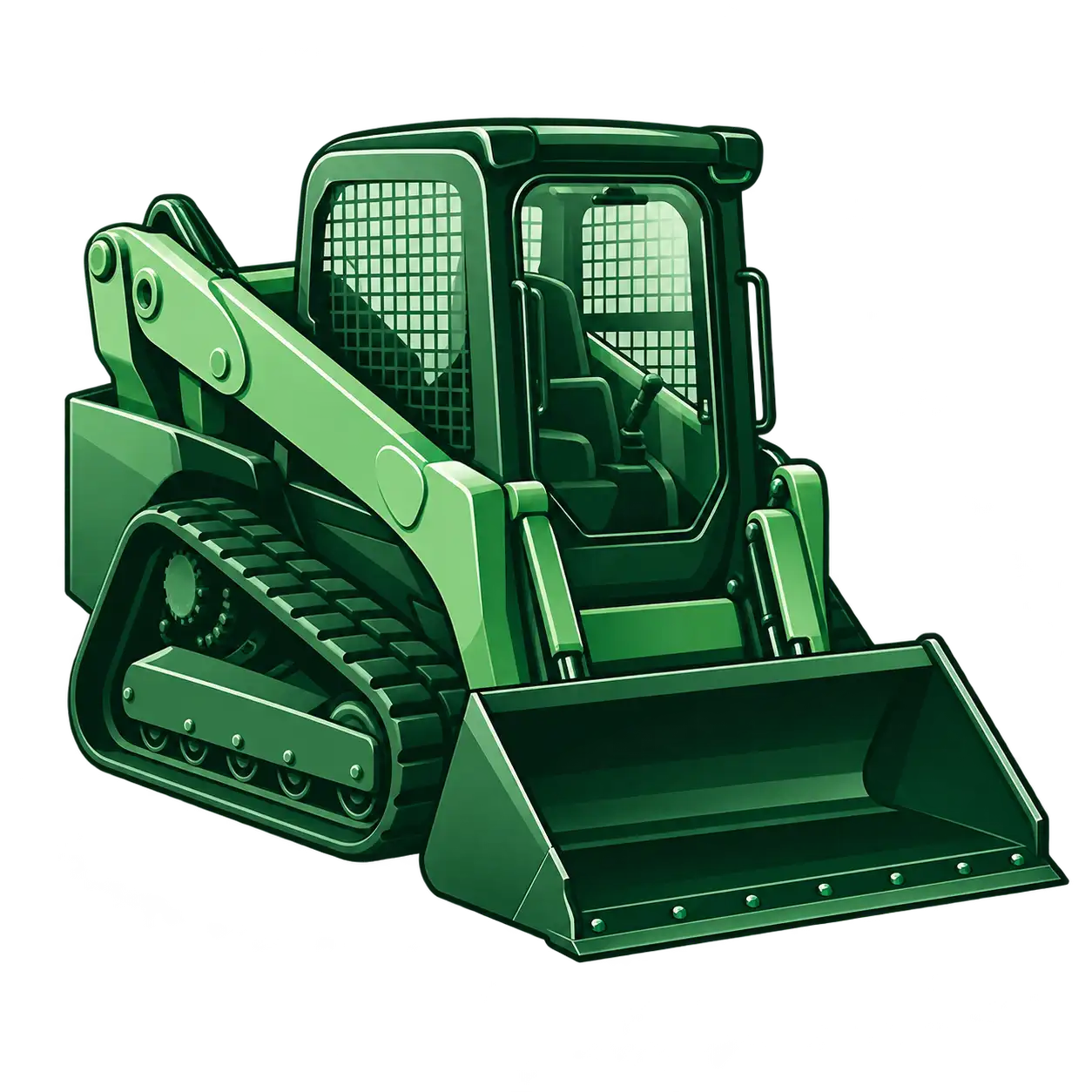 Green construction equipment with a large bucket and a seat for the operator.