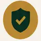 A green and gold shield with a checkmark on it.