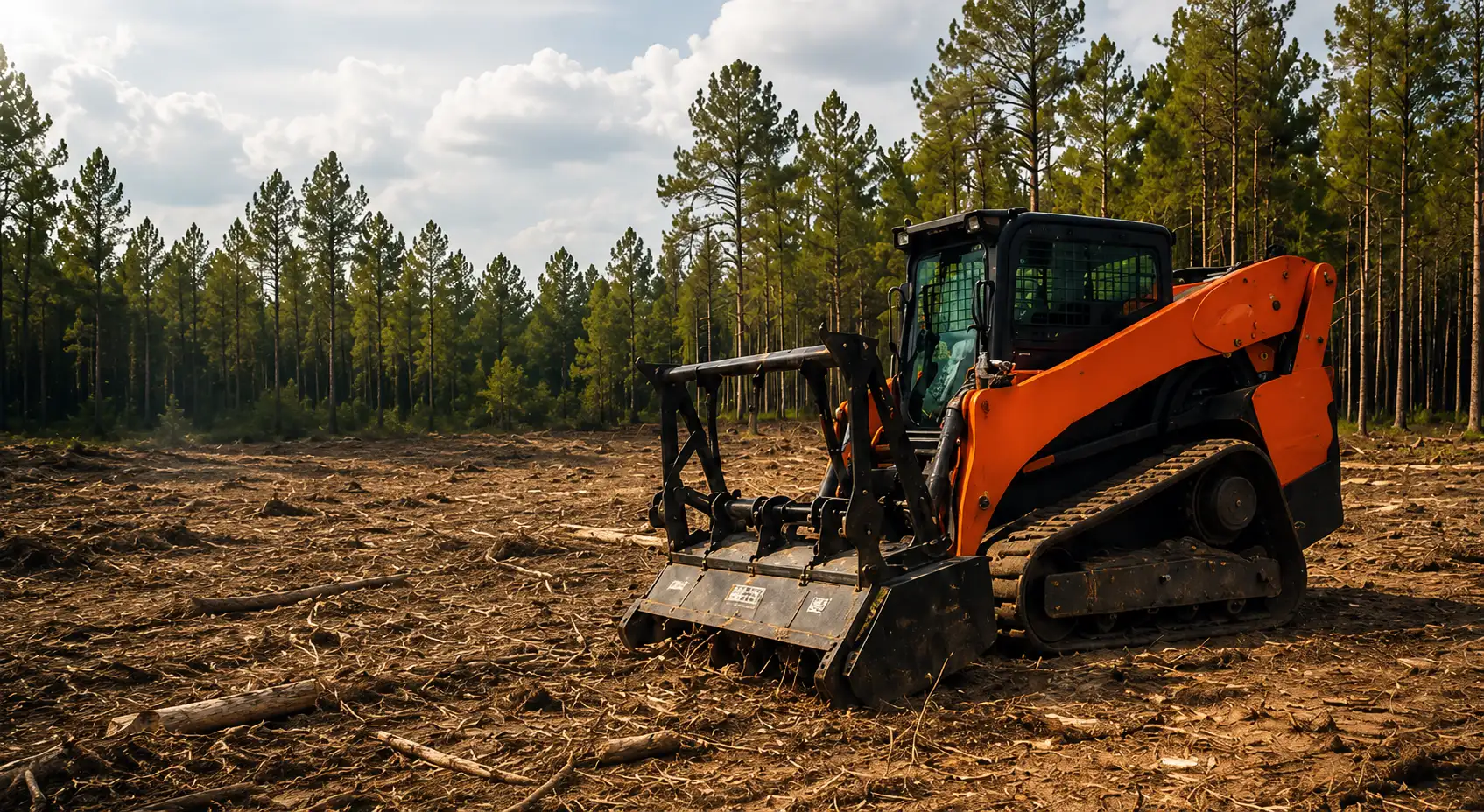 A large orange tractor with a black front loader, sitting in a field of trees.