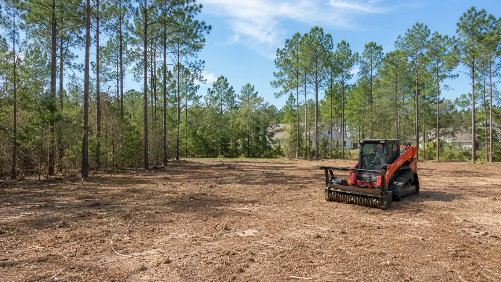 A tractor is working on a field of dirt, clearing the area for a new project.